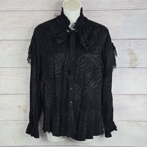 Zara Basic Black Leaf Designs Button Down Long Sleeve Top Sz XS NWT